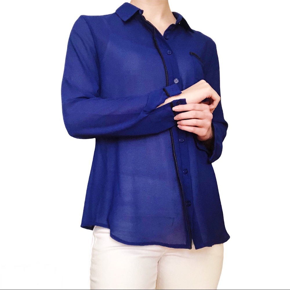 Olive & Oak Sheer Royal Blue Button-Up Blouse